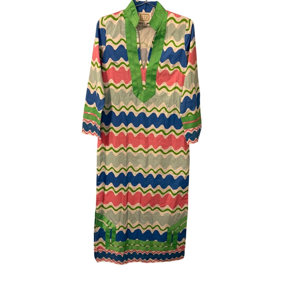 Sail to Sable Pastel Wave Print Tunic Caftan Maxi Dress XS